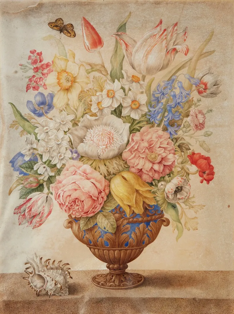Flowers In A Lapis Lazuli Vase On A Marble Top With A Conch Shell And A Monarch Butterfly Wall Art by Giovanna Garzoni - High-Resolution Digital Print