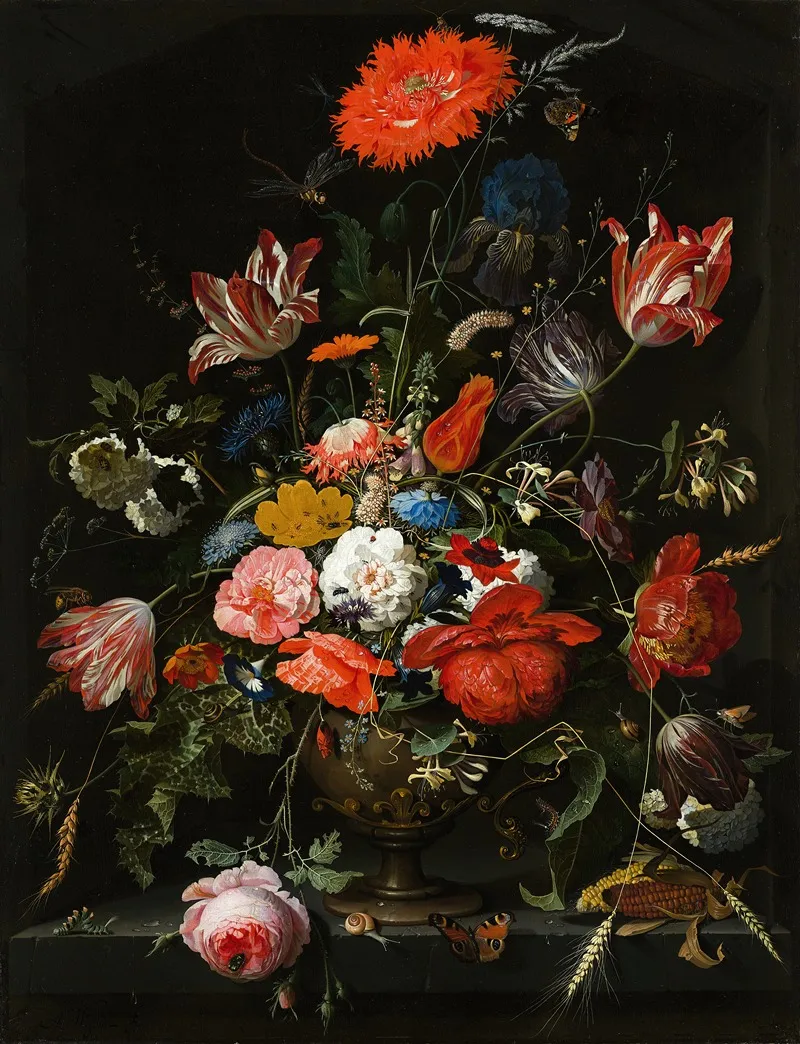 Flowers In A Metal Vase Wall Art by Abraham Mignon - High-Resolution Digital Print