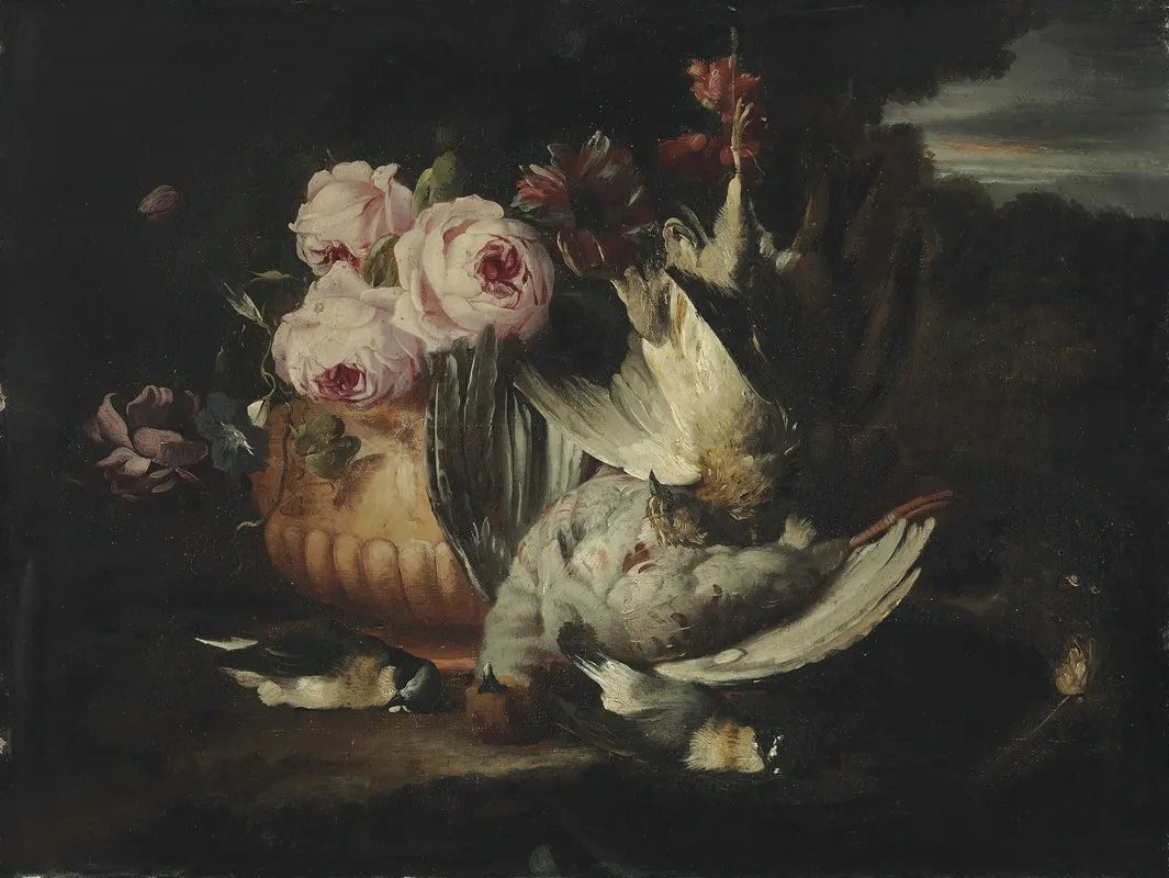 Flowers In A Terracotta Vase With Dead Game Wall Art by Franz Werner von Tamm - High-Resolution Digital Print