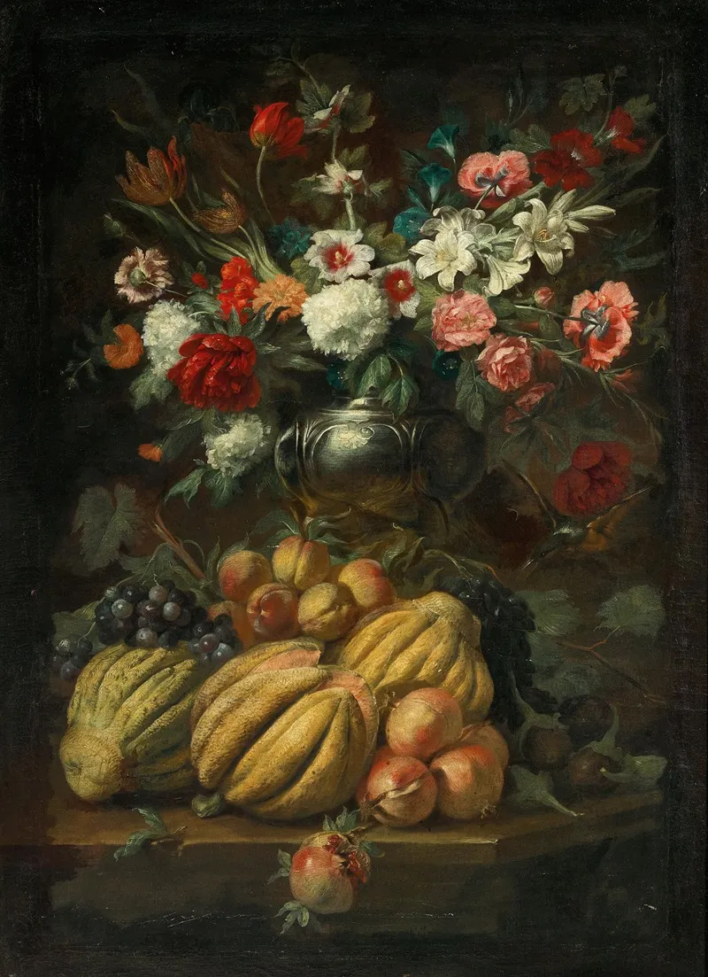 Flowers In A Vase And Fruit On A Table Wall Art by Abraham Brueghel - High-Resolution Digital Print