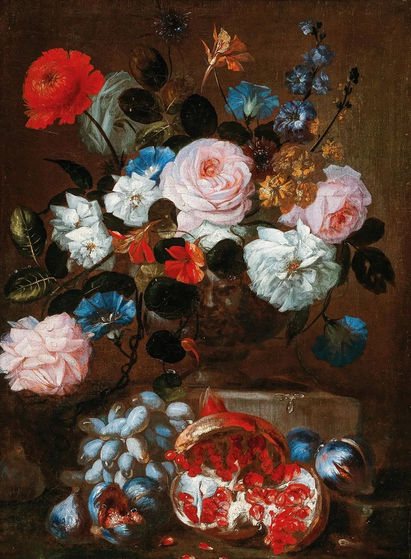 Flowers In A Vase With Grapes And A Pomegranate Wall Art by Franz Werner von Tamm - High-Resolution Digital Print