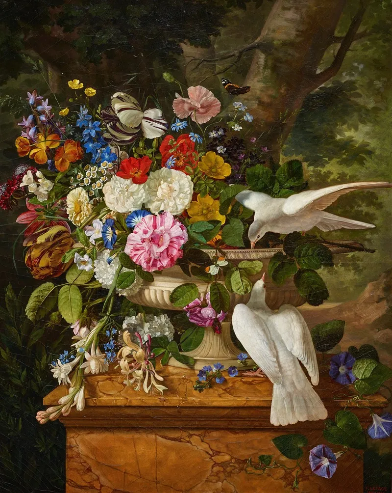 Flowers In A Vase With Two Doves Wall Art by François Lepage - High-Resolution Digital Print