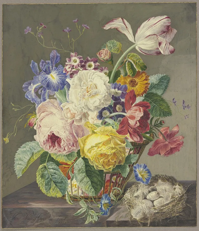 Flowers In A Woven Basket And A Birds Nest