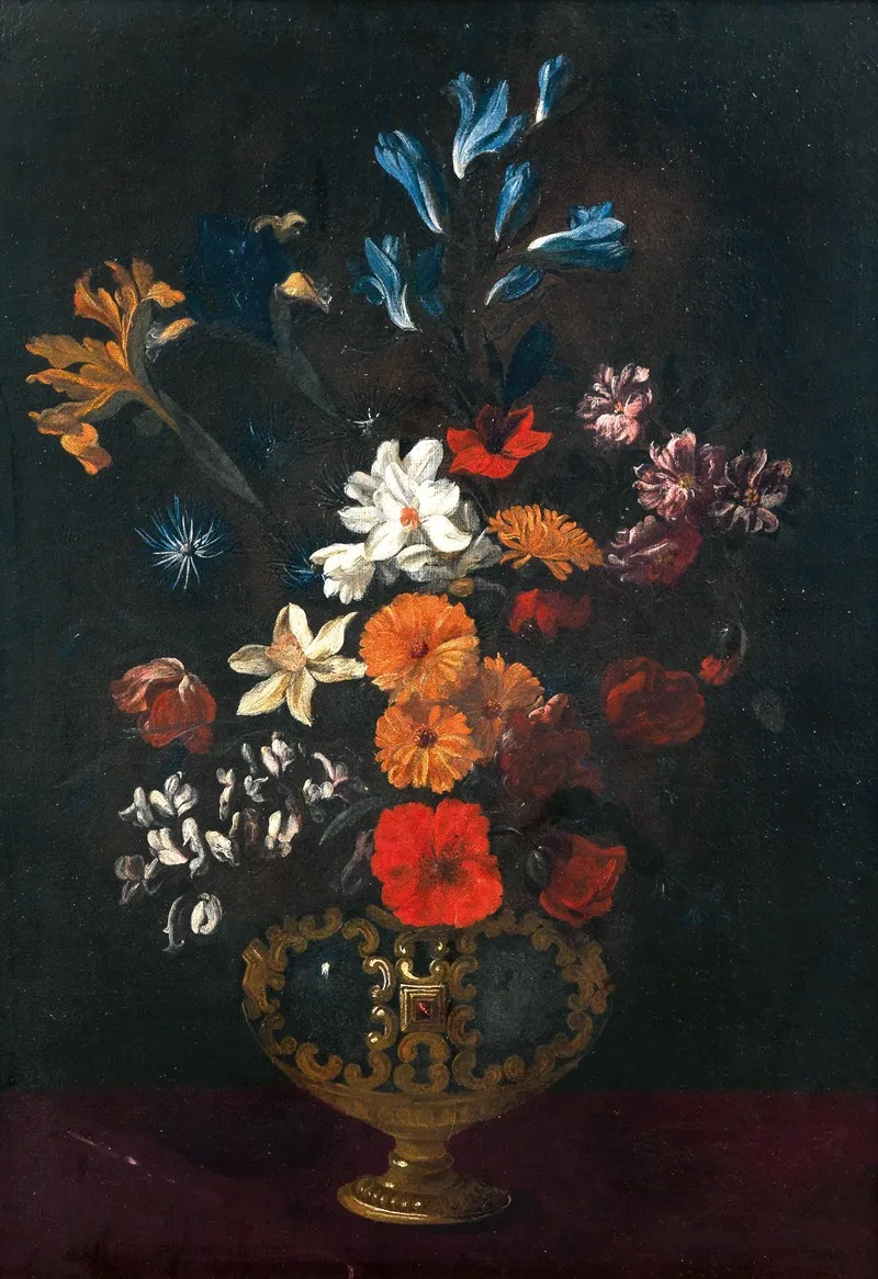 Flowers In An Ornamental Vase On A Table Wall Art by Giacomo Recco - High-Resolution Digital Print