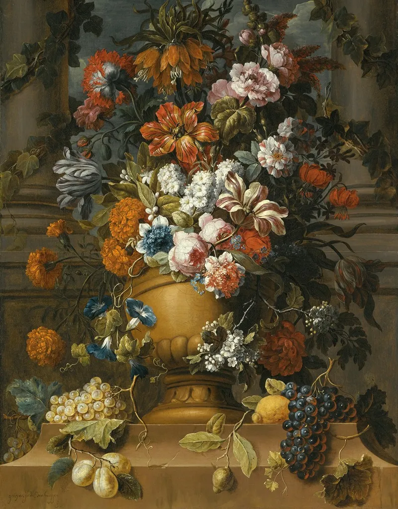 Flowers In An Urn With Fruit On A Pedestal Wall Art by Gaspar Peeter Verbruggen the Younger - High-Resolution Digital Print