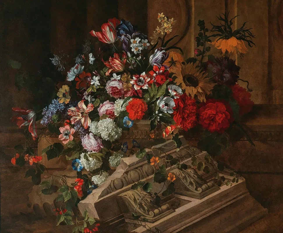Flowers Near A Classical Cornice On A Terrace