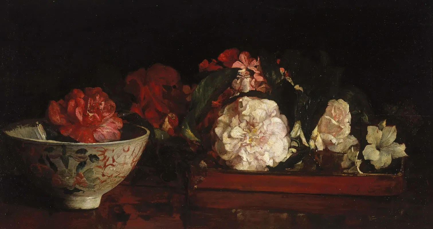 Flowers On A Japanese Tray On A Mahogany Table Wall Art by John La Farge - High-Resolution Digital Print