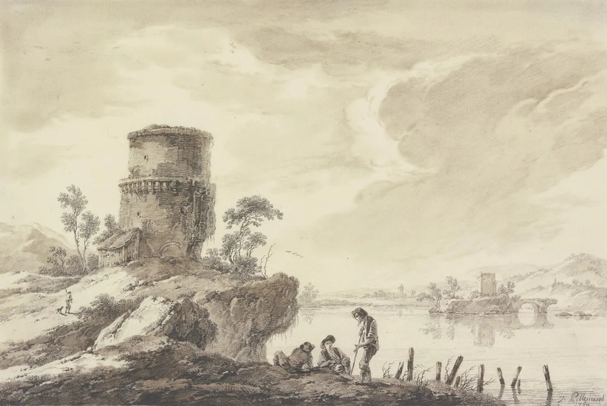 Flusgegend Im Vordergrund Ein Runder Im Mittelgrund Auf Einer Insel Ein Viereckiger Turm Mit Ruinen Einer Brucke