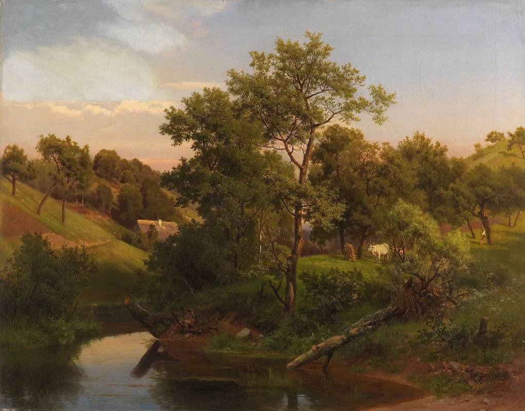 Flussaue Mit Bauernhaus Und Viehhirte