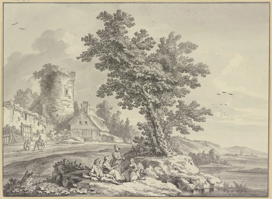 Flusslandschaft Links Ein Bauernhaus An Dem Turm Einer Stadtmauer In Der Bildmitte Rasten Vier Personen An Einem Baum