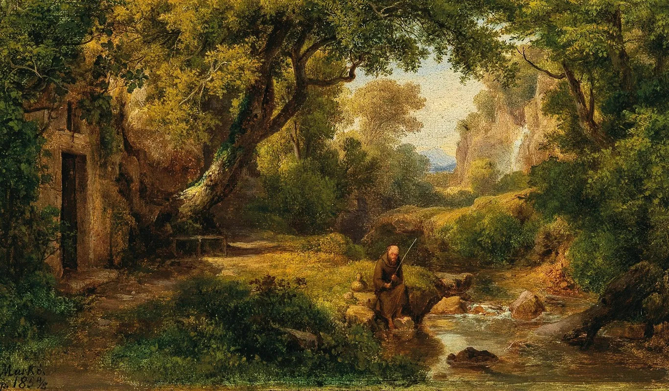 Flusslandschaft Mit Angelndem Monch Wall Art by Károly Markó - High-Resolution Digital Print