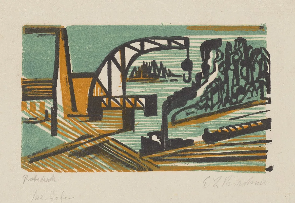 Flusslandschaft Mit Kran Und Schleppzug