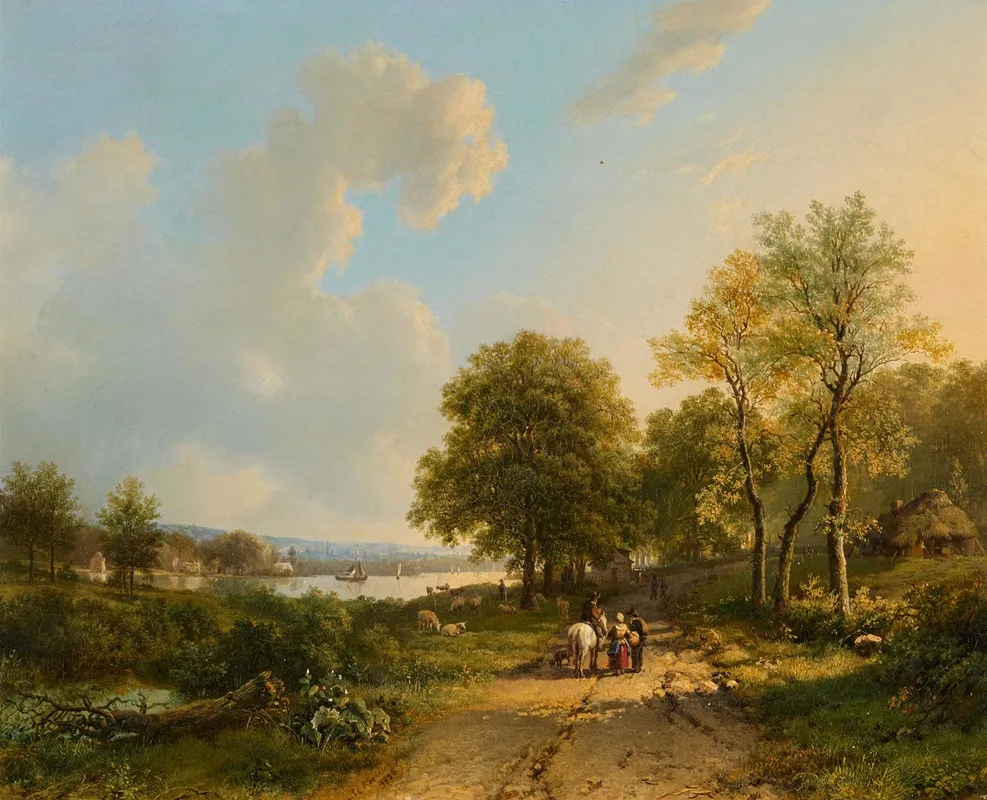 Flusslandschaft Mit Reiter Und Wanderern