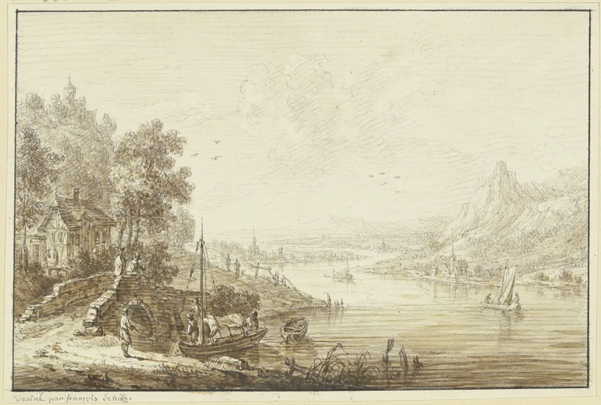Flusslandschaft Rechts Ansteigendes Gebirge Links Ein Haus Mit Einer Brucke Bei Der Ein Boot Landet Wall Art by Franz Schütz - High-Resolution Digital Print
