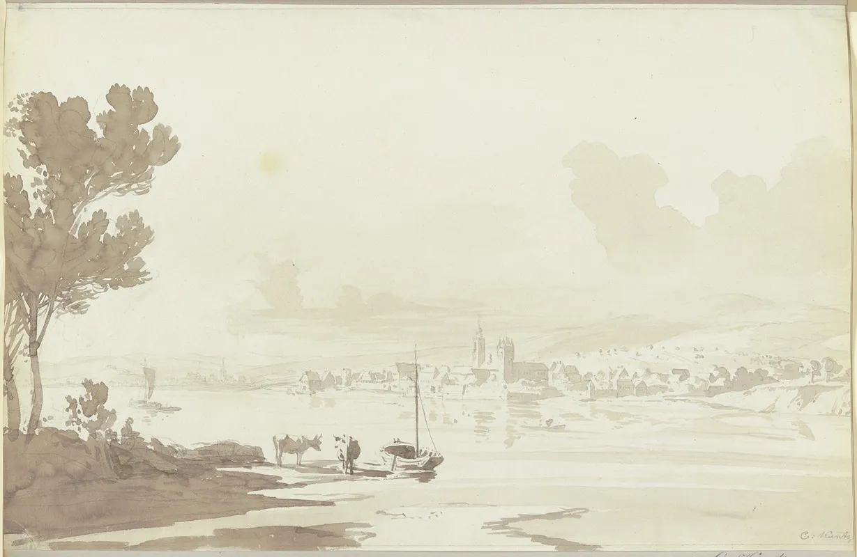 Flusslandschaft Vorne Eine Herde Im Hintergrund Eine Stadt Wall Art by Carl Kuntz - High-Resolution Digital Print
