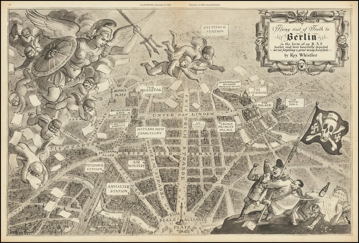 Flying Visit Of Truth To Berlin In The Form Of An R A F Leaflet Raid Here Fancifully Depicted Wall Art by Rex Whistler - High-Resolution Digital Print