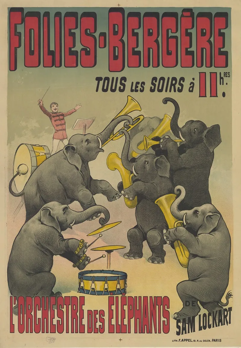 Folies Bergere Tous Les Soirs Lorchestre Des Elephants De Sam Lockart Wall Art by Lith. F. Appel - High-Resolution Digital Print