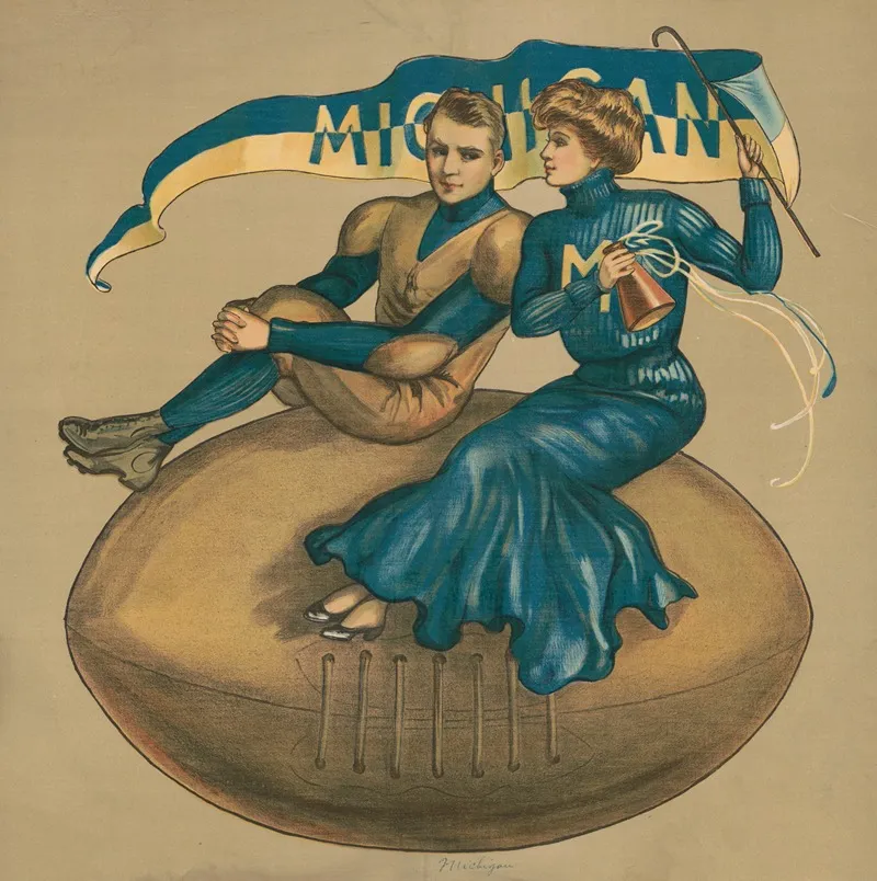 Football Player And Cheerleader Sitting On Giant Football With University Of Michigan Flag Wall Art by F. Earl Christy - High-Resolution Digital Print