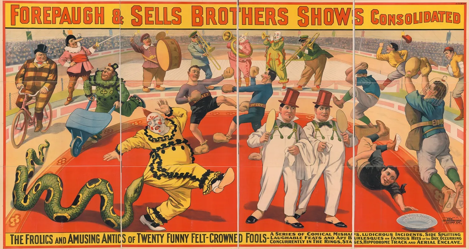 Forepaugh And Sells Brothers Shows Consolidated The Frolics And Amusing Antics Of Twenty Funny Felt Crowned Fools