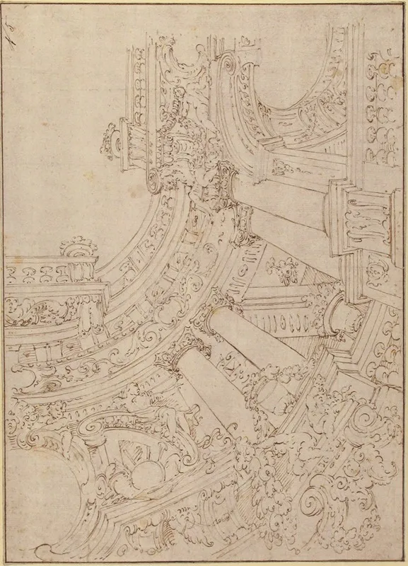 Foreshortened View Of A Ceiling Corner Decorated With Columns Urns And Putti Handing Garlands Wall Art by Agostino Mitelli - High-Resolution Digital Print