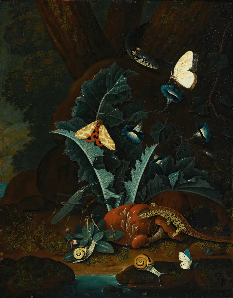 Forest Floor Still Life With Snails A Lizard A Grasshopper Moths And A Snake Wall Art by Johann Falch - High-Resolution Digital Print
