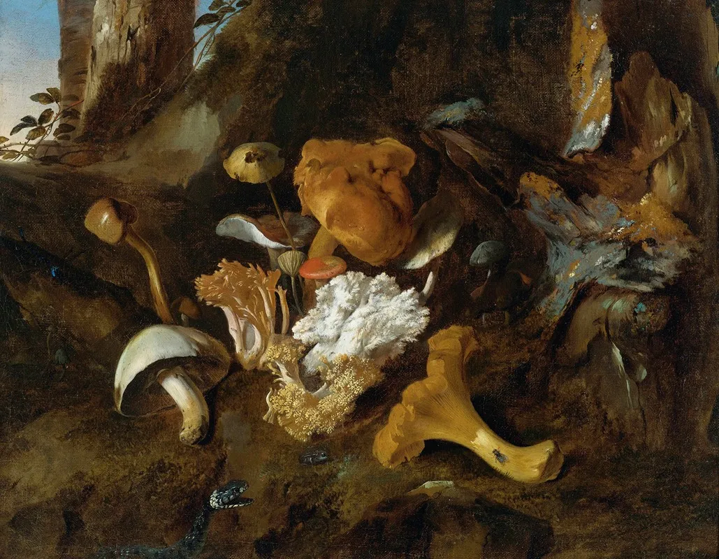 Forest Floor Still Lifes With Mushrooms Butterflies And A Snake Wall Art by Otto Marseus van Schrieck - High-Resolution Digital Print