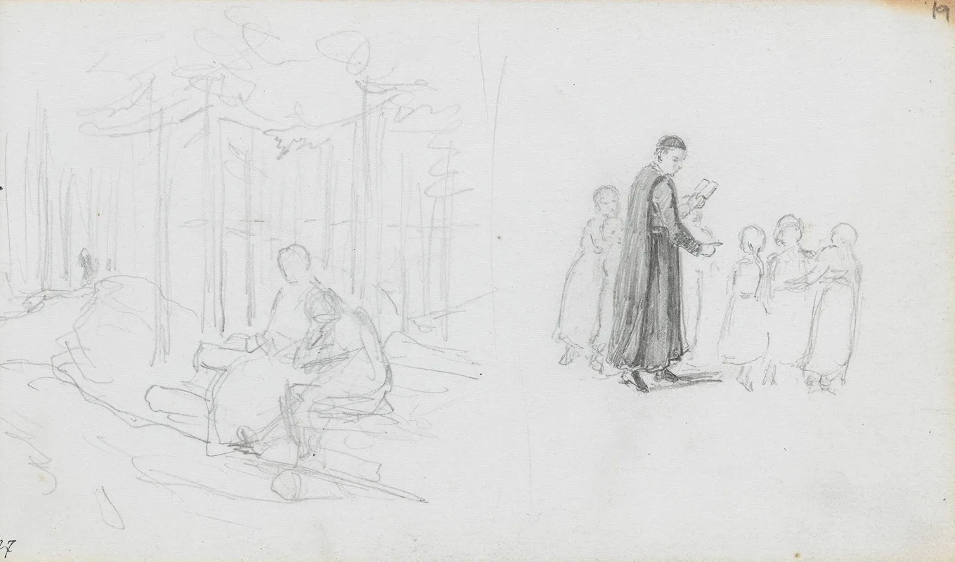 Forest Interior With Figures Children Listening To The Preacher