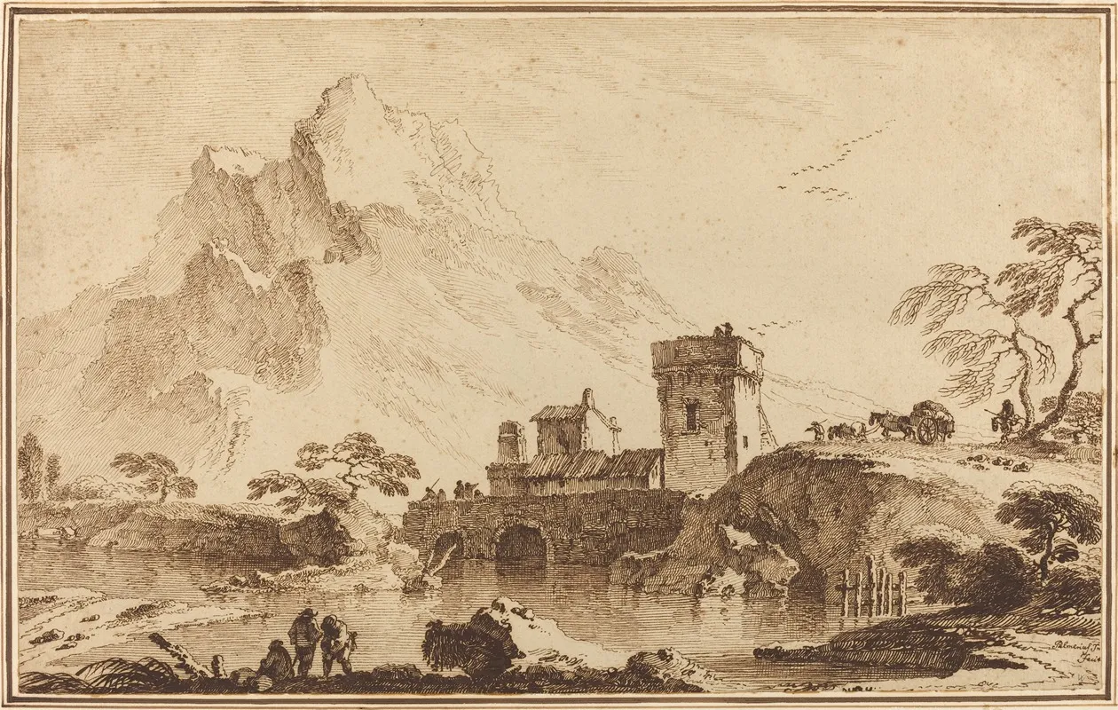 Fortified Bridge Against Distant Mountains Wall Art by Pietro Giacomo Palmieri - High-Resolution Digital Print
