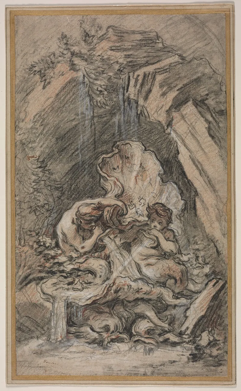 Fountain With Two Tritons Blowing Conch Shells Wall Art by François Boucher - High-Resolution Digital Print