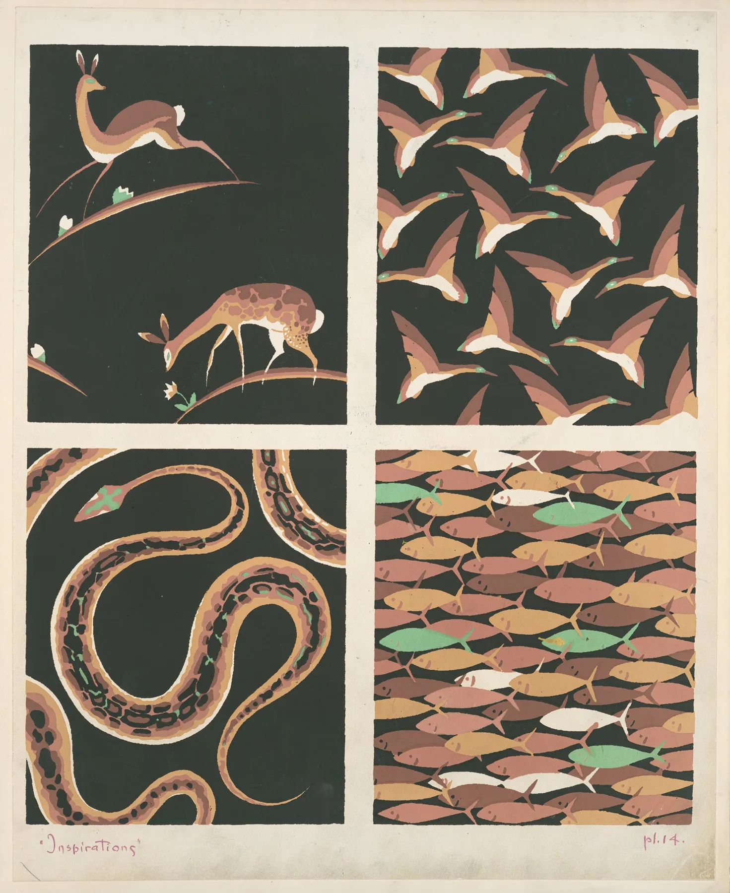 Four Animal Form Compositions Deer Birds Snakes Fish Wall Art by André Durenceau - High-Resolution Digital Print