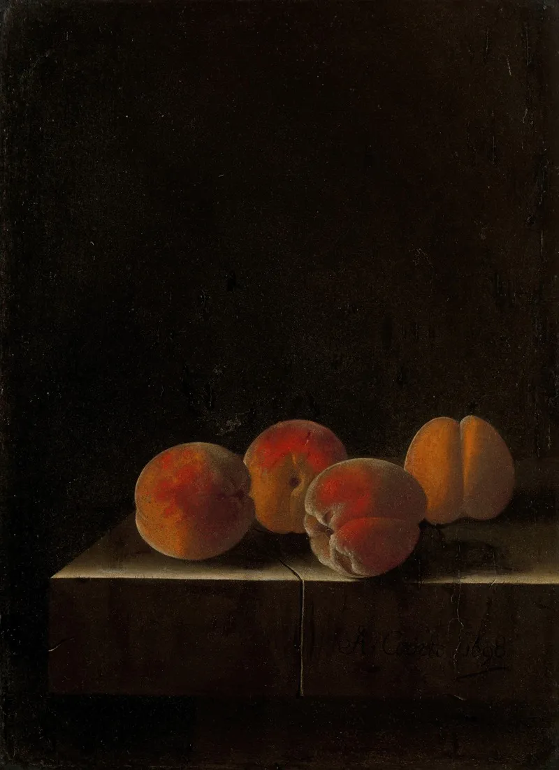 Four Apricots On A Stone Plinth Wall Art by Adriaen Coorte - High-Resolution Digital Print