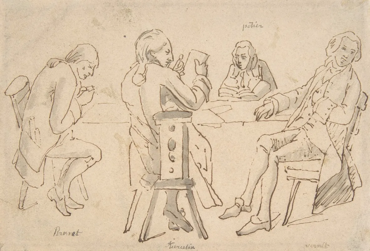 Four Artists Seated At A Table Brunet Potier Tiercetin Vernet Wall Art by Horace Vernet - High-Resolution Digital Print