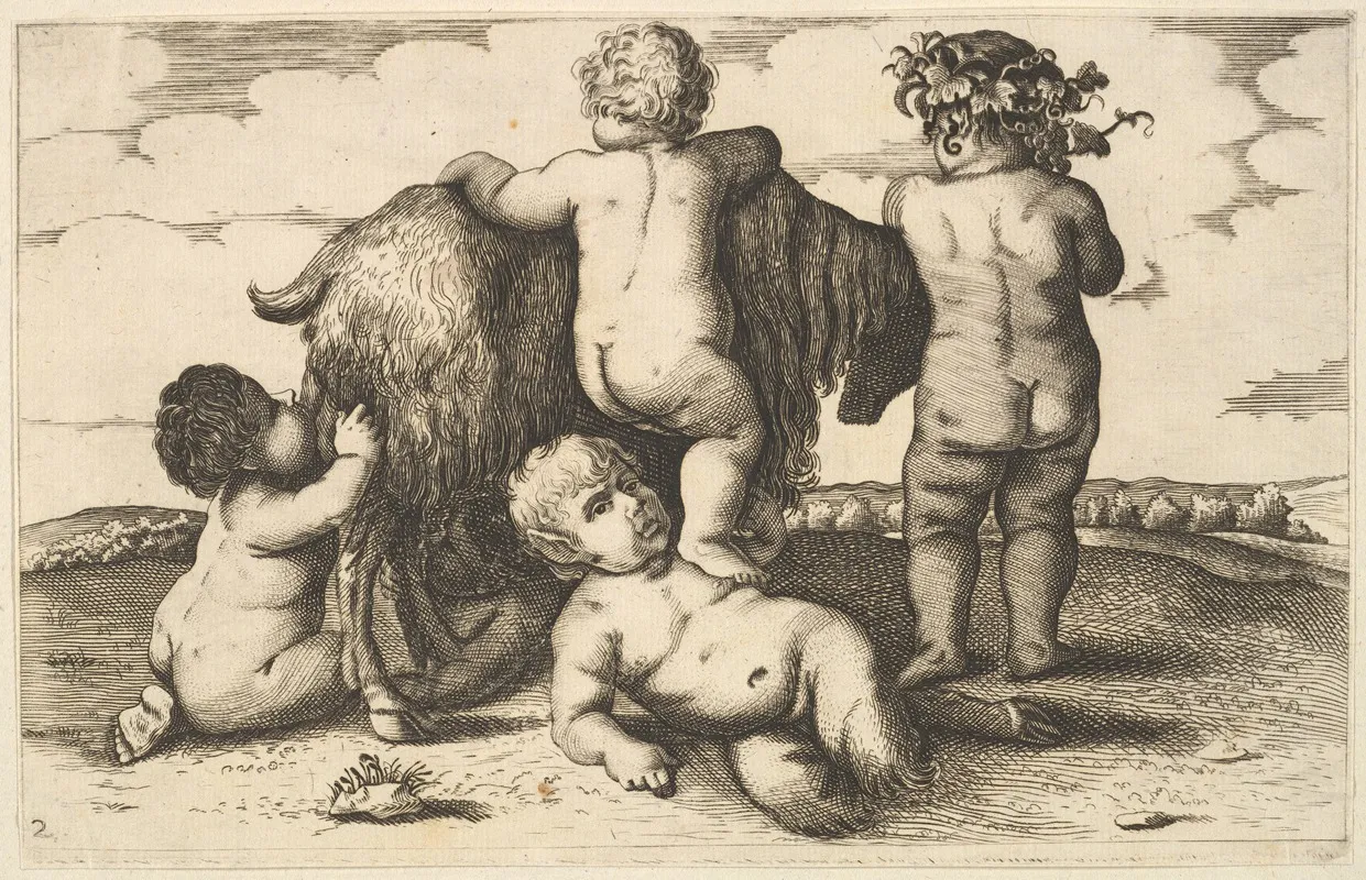 Four Boys A Young Satyr And A Goat