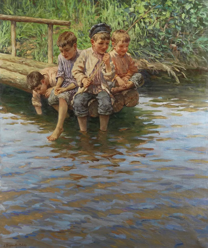 Four Boys On The Bank Jetty While Fishing