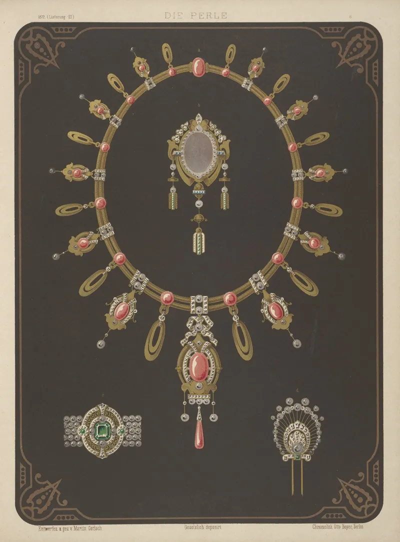 Four Designs For Jewelry Including Large Necklace With Pink Stones