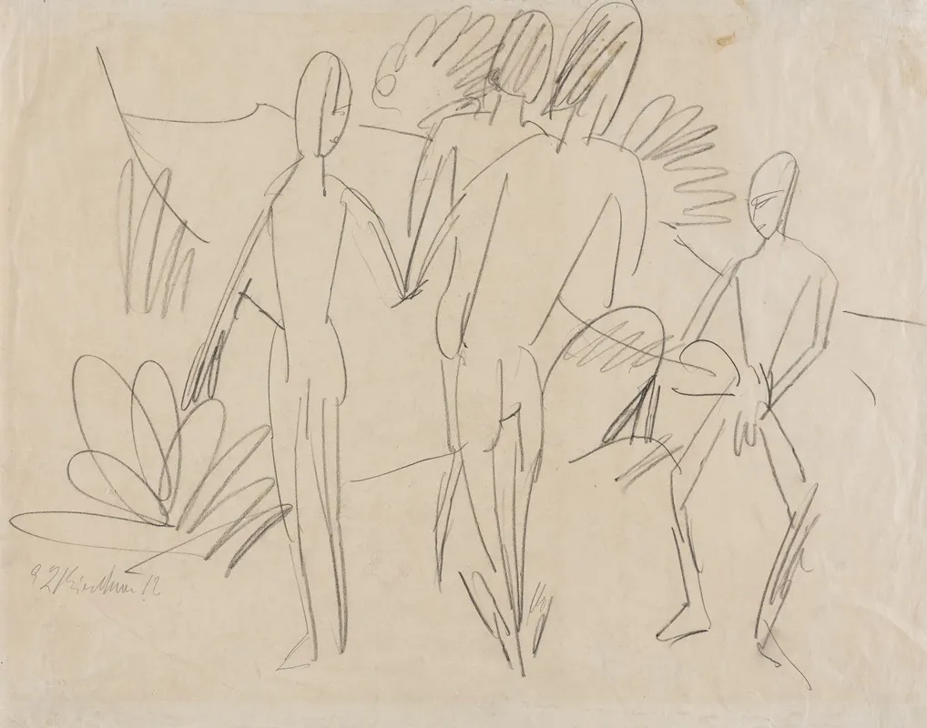 Four Figures On The Fehmarn Beach Wall Art by Ernst Ludwig Kirchner - High-Resolution Digital Print