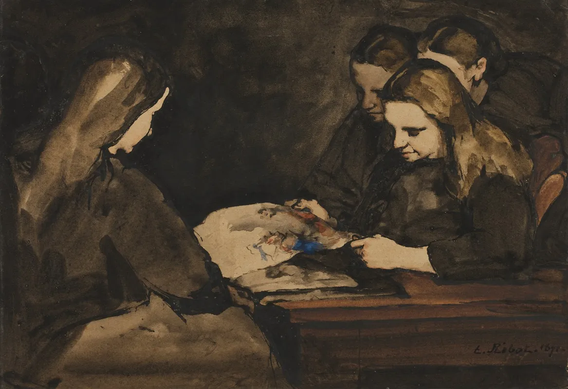 Four Girls Studying A Drawing