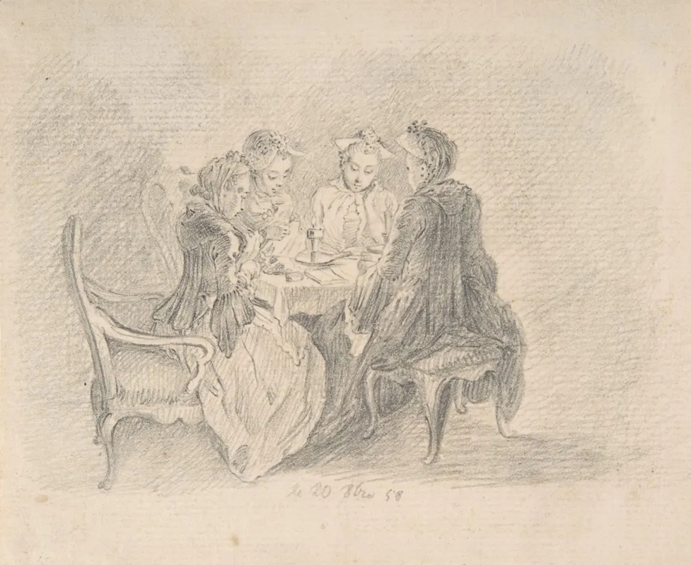 Four Ladies Sitting Around A Table Occupied With Needlework Reading And Writing