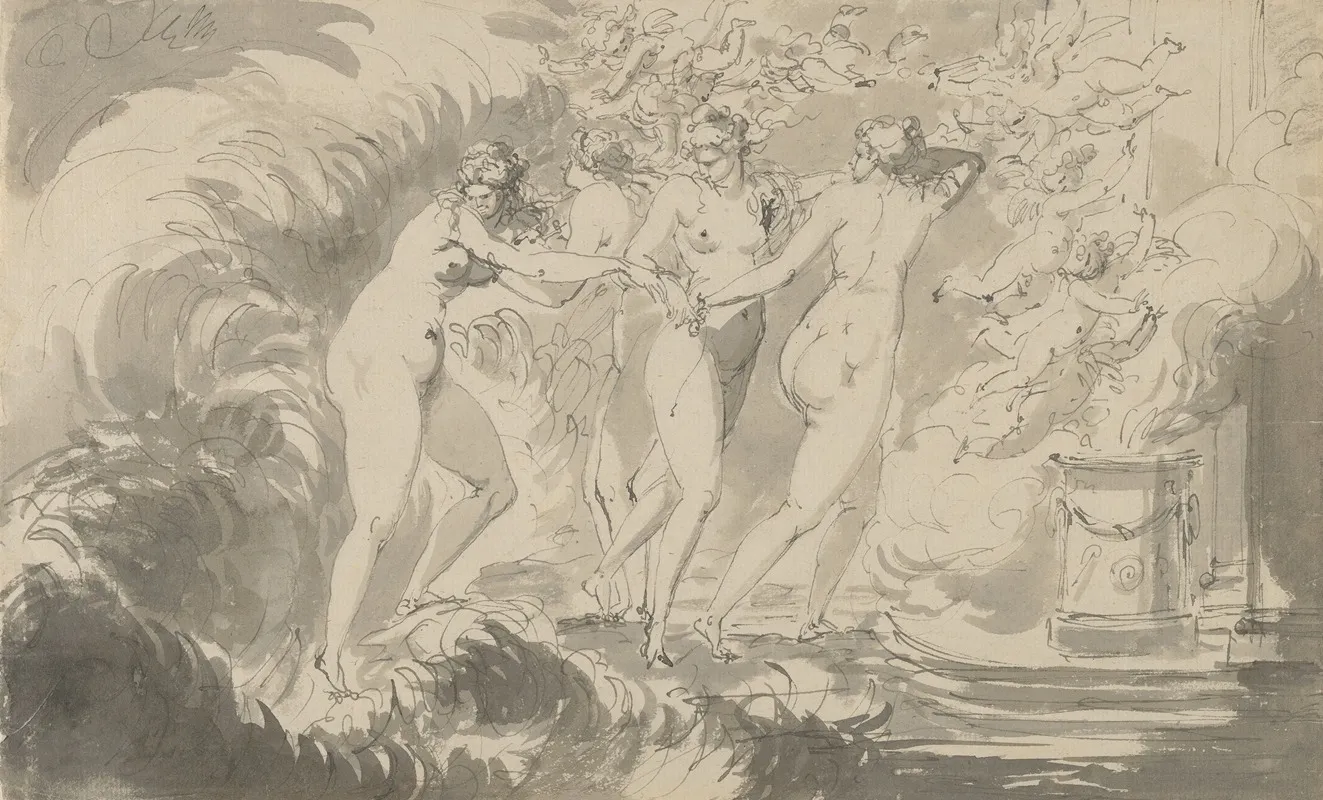 Four Nude Women Surrounded By Putti Approaching An Altar