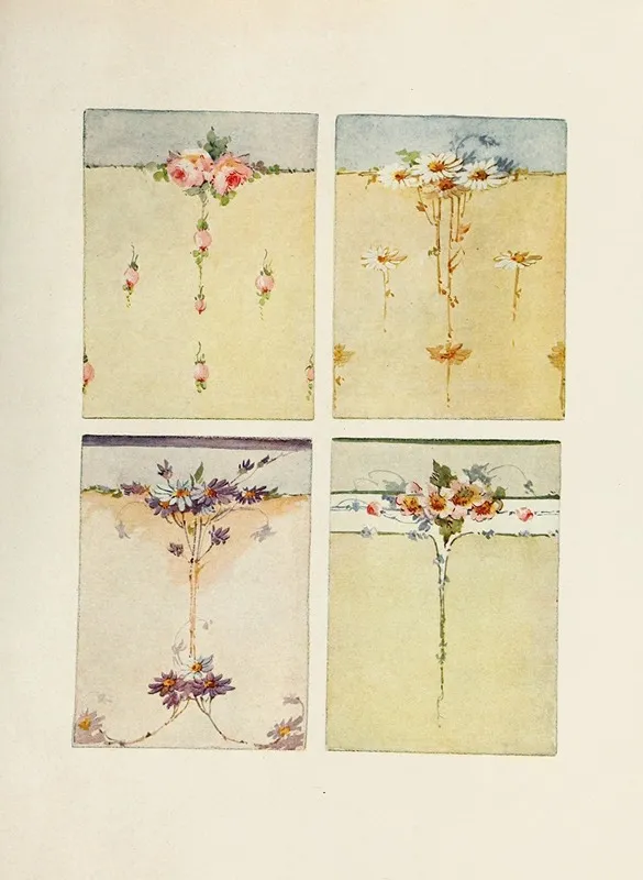 Four Panels In Roses And Daisies Wall Art by Mrs F.C. McGaughy - High-Resolution Digital Print