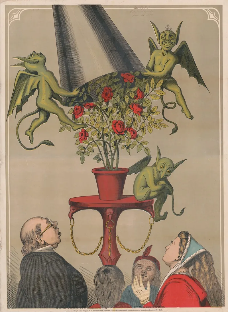 Four People Looking Up At Three Green Demons On Pedestal Removing Cover From Bouquet Of Roses Wall Art by Warren, Johnson &amp; Co. - High-Resolution Digital Print