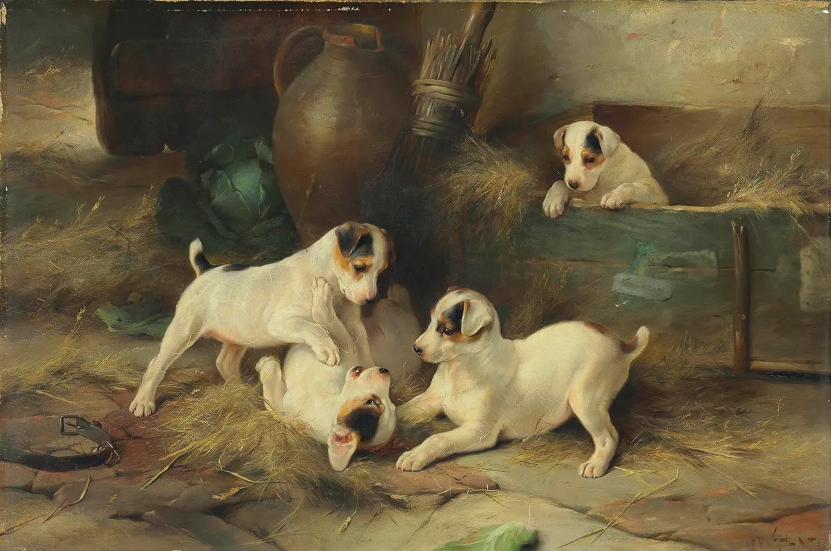 Four Puppies At Play Wall Art by Walter Hunt - High-Resolution Digital Print