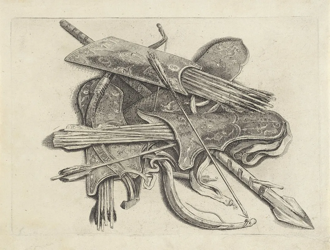 Four Quivers With Arrows Two Bows And A Spear Arranged On The Ground