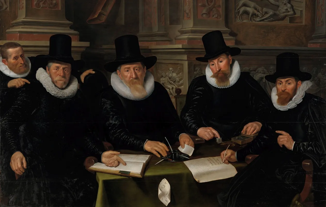 Four Regents And The House Father Of The Amsterdam Lepers Asylum Wall Art by Werner van den Valckert - High-Resolution Digital Print