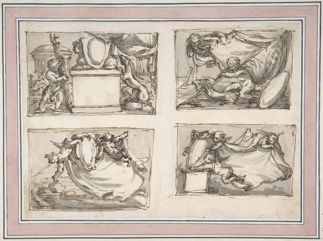 Four Sketches Of Putti Hanging Coat Of Arms