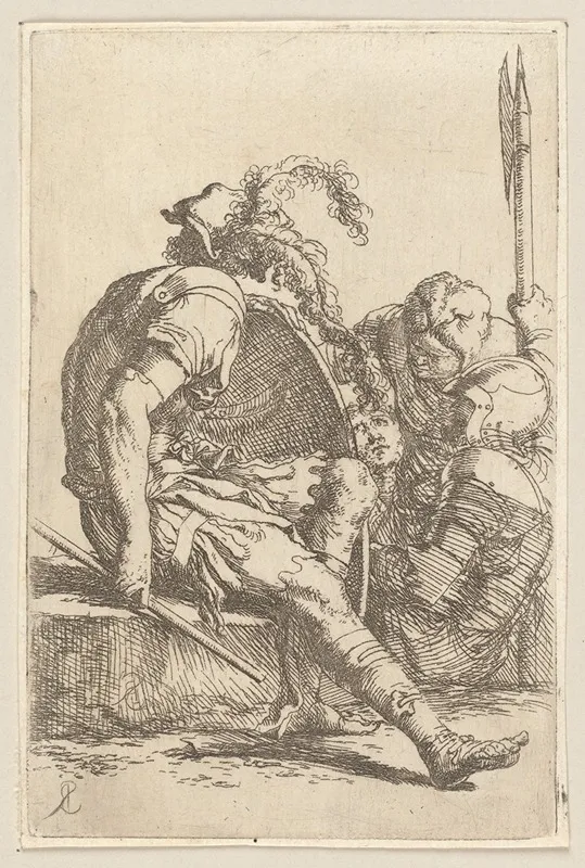Four Soldiers One Seated On A Stone At The Left Wall Art by Salvator Rosa - High-Resolution Digital Print