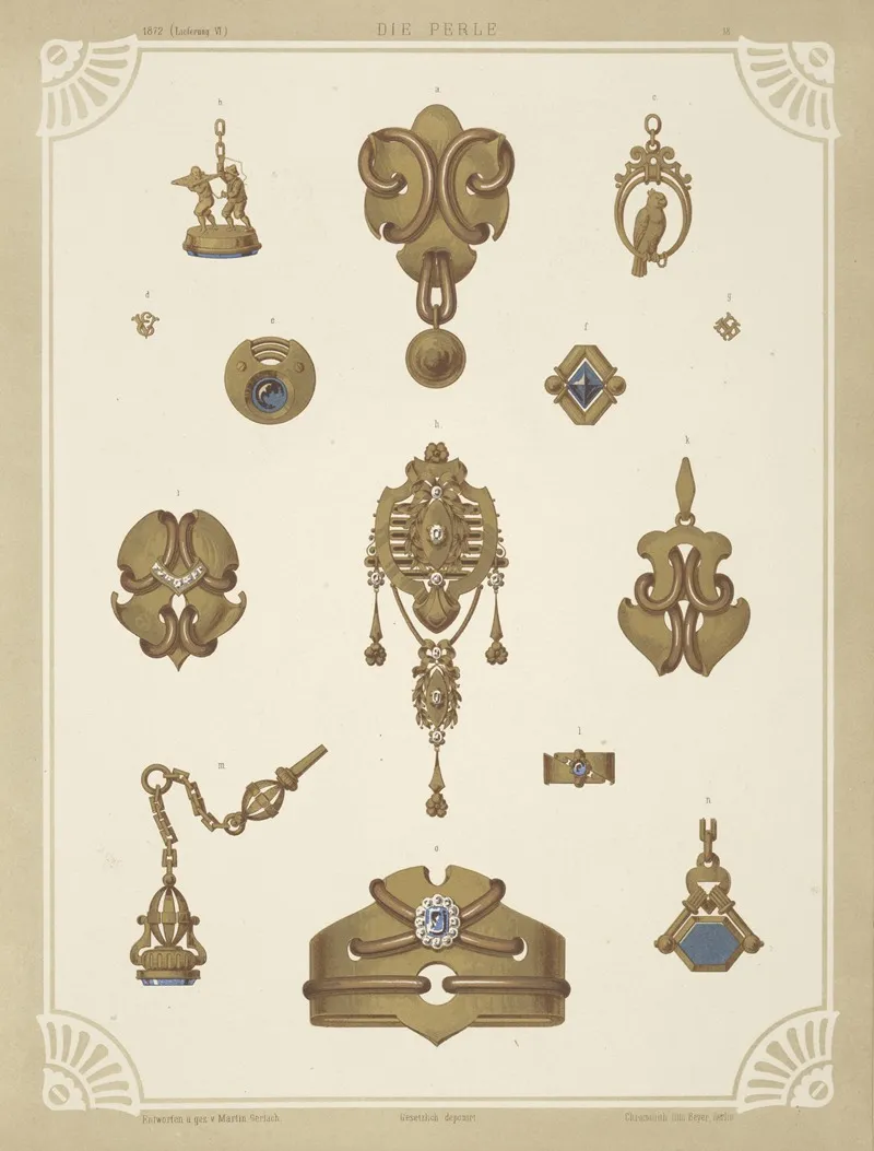 Fourteen Designs For Jewelry Including Gold Brooches And Pins Containing Blue Stones