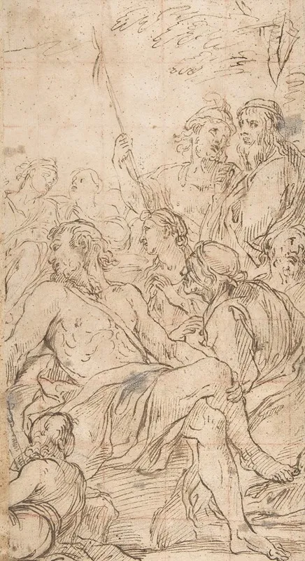 Fragment Of A Composition With A Reclining Semi Nude Man Surrounded By Soldiers And Other Onlookers In A Landscape Wall Art by Luca Giordano - High-Resolution Digital Print