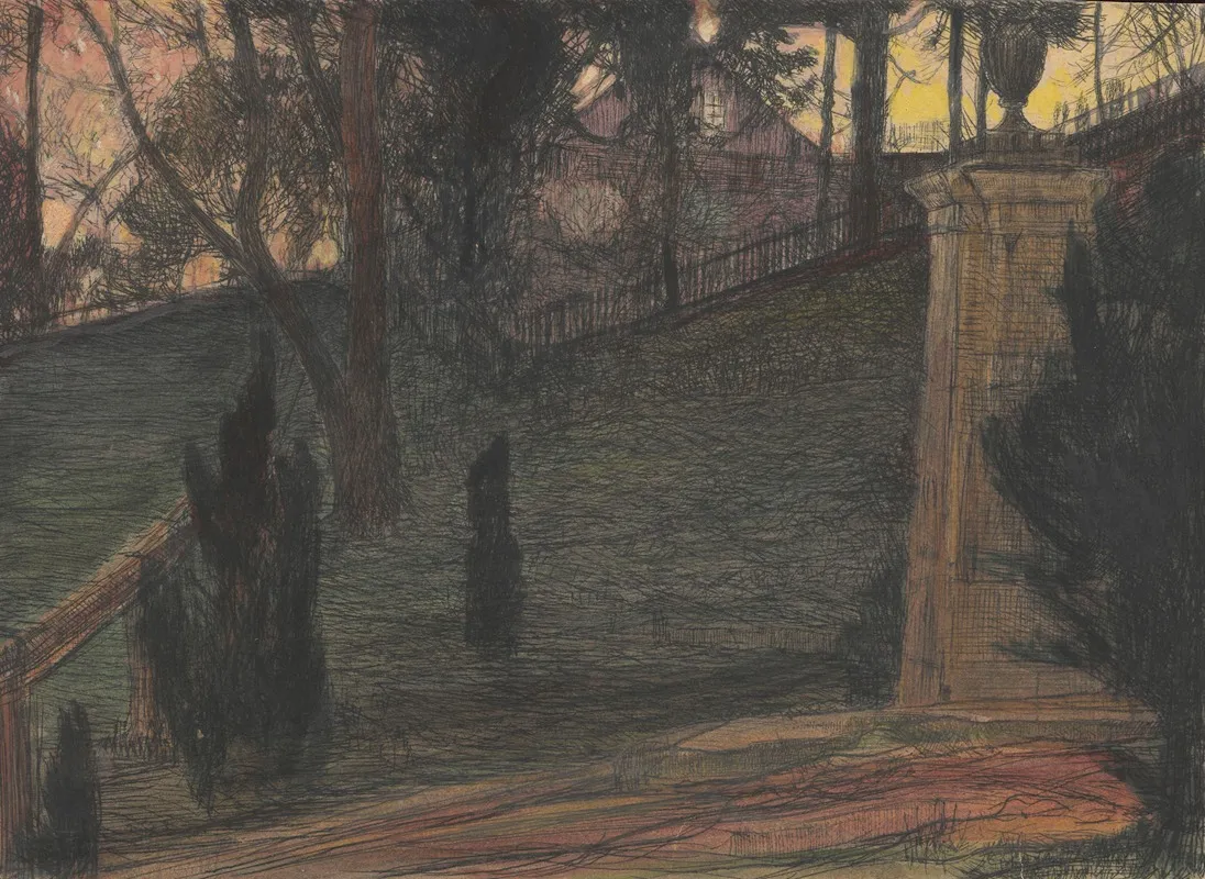 Fragment Of A Garden With An Urn On A Pedestal