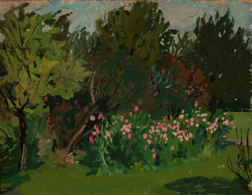 Fragment Of A Garden With Pink Flowers Wall Art by Alf.J. Bigiński - High-Resolution Digital Print